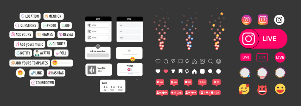 Instagram Stories UI Elements and Social Media Icons Set. Polls, Questions, Hashtag, Location, Mention, Like, Share, Save, Repost and Live Stickers. Vector Stories Interface