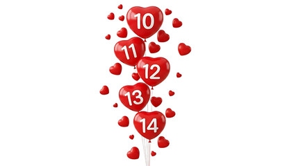 Red heart-shaped balloons with numbers 10 to 14