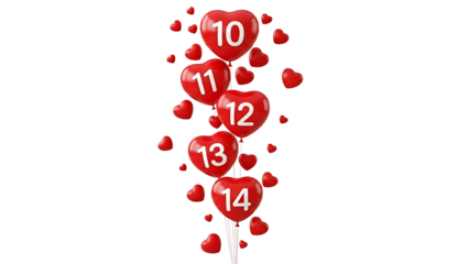 Red heart-shaped balloons with numbers 10 to 14