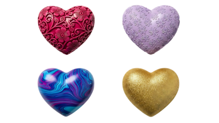 Four colorful heart-shaped objects on checkered background