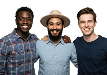 Three diverse young men, arm-in-arm, smiling genuinely at the viewer in a brightly lit studio with a white background and copy space, concept of diverse male friendship and unity