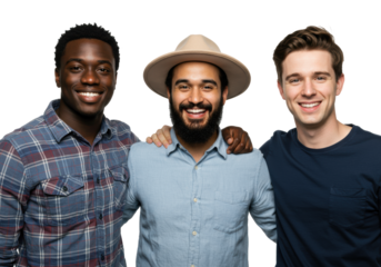 Three diverse young men, arm-in-arm, smiling genuinely at the viewer in a brightly lit studio with a white background and copy space, concept of diverse male friendship and unity