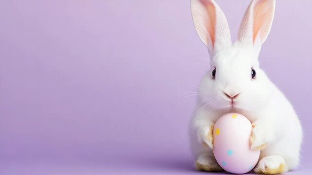 Easter Bunny: A fluffy white rabbit cradles a pastel-colored egg, set against a delicate backdrop, creating an image of new beginnings and seasonal joy.