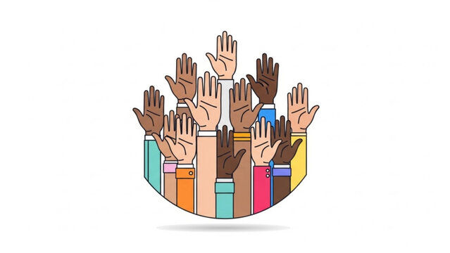 Diverse group of people raising hands in unity and solidarity with colorful sleeves