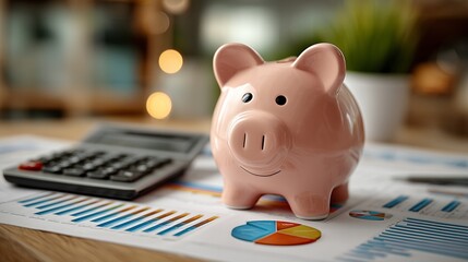 Piggy bank standing on financial charts with a calculator