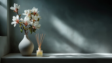 white ceramic vase with flowers and reed diffuser in soft light minimal home decor and aromatherapy styling