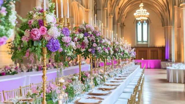 Elegant Event Decor: A long table adorned with a vibrant array of floral arrangements and candles, creating a captivating and luxurious ambiance within a grand venue.
