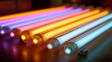A row of vibrant colorful neon tubes emitting a soft glow arranged in a visually appealing spectrum of light
