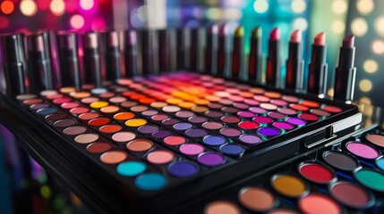 luxurious professional makeup artist workstation with precisely arranged open lipstick palette displaying comprehensive color spectrum, ultra-detailed bullet tips with perfect texture, rich