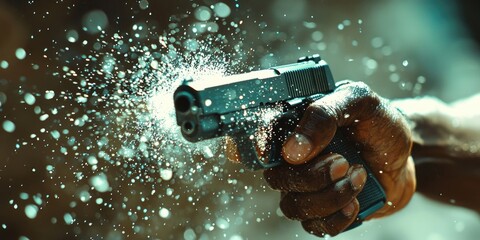 Close-up of black pistol firing bullet with burst of sparks, fire, and smoke against dark background. Generative by AI.