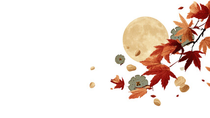Autumn full moon with red maple leaves and falling petals night seasonal composition isolated on white background