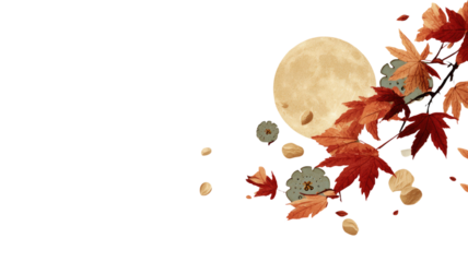 Autumn full moon with red maple leaves and falling petals night seasonal composition isolated on white background