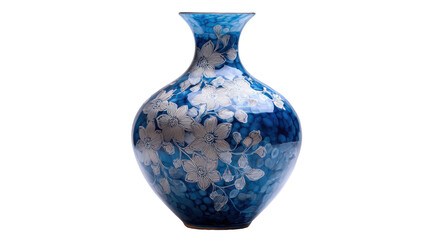 Blue decorative ceramic vase with floral pattern glossy surface elegant home interior decor isolated on white background