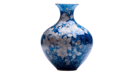 Blue decorative ceramic vase with floral pattern glossy surface elegant home interior decor isolated on white background