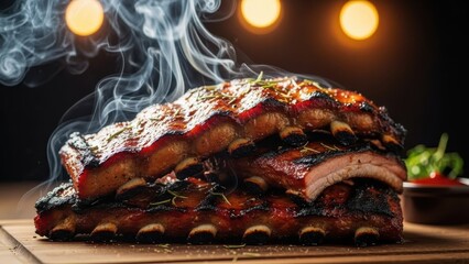 Perfectly smoked barbecue ribs steaming with flavor, an appetizing display of culinary mastery