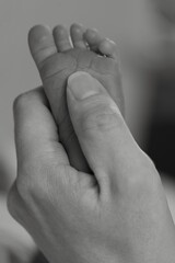 Fototapeta premium Black and White Close-up of Adult Hand Holding a Tiny Newborn Baby Foot