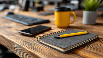 Wooden desk with notebook smartphone keyboard and coffee home office workspace and remote work routine