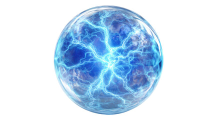 Glowing blue electric energy sphere with lightning plasma texture and transparent surface isolated on white background