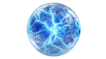 Glowing blue electric energy sphere with lightning plasma texture and transparent surface isolated on white background
