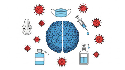 Brain with covid 19 virus particles and medical protection items with safety