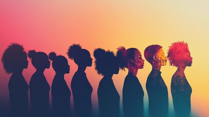 Horizontal arrangement of side-facing human silhouettes showing diversity through varied profiles, hairstyles and cultural indicators, clean black figures creating strong visual statement of