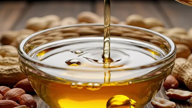 Golden peanut oil gracefully pours into a transparent glass bowl surrounded by a rustic scattering of raw peanuts and their shells on a warm wooden surface highlighting healthy cooking ingredients an.