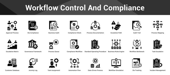 Workflow Control And Compliance Cohesive set of minimalist vector icons representing key ideas with visual clarity