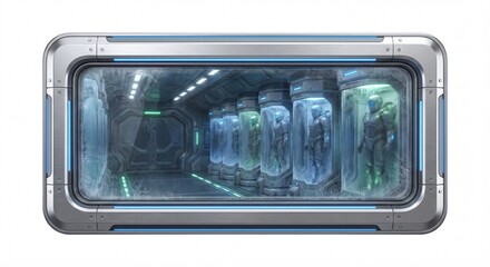 View through a futuristic window showing a corridor with cryo-pods, each containing an armored figure in suspended animation, illuminated by blue light.