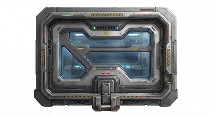 Detailed futuristic heavy-duty metal door with security warnings, glowing elements, and internal controls. Perfect for sci-fi, industrial, and tech themes. Generative AI.