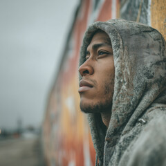 Profile portrait of young man in hoodie by urban wall, soft light, blurred background, contemplative mood, aesthetic.
