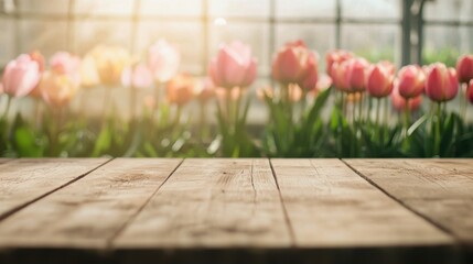 Rustic wooden plank table with ample copy space set against a softly blurred backdrop of colorful tulips bathed in warm sunlight, evoking spring and new growth