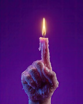 Surreal Human Hand with Burning Candle Finger Dripping Melting Wax, Concept of Professional Burnout, Creative Exhaustion, and Self-Sacrifice