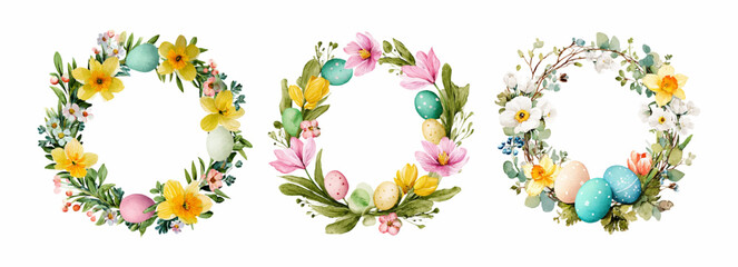 Watercolor spring wreath with Easter eggs and flowers. Floral frame design with botanical elements, perfect for greeting cards and festive decorations. Vector illustration. © Narin