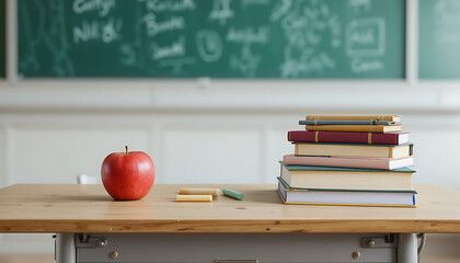 Red apple and stack of colorful books on wooden desk in classroom with chalkboard