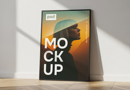 Poster frame mockup in room against a wall