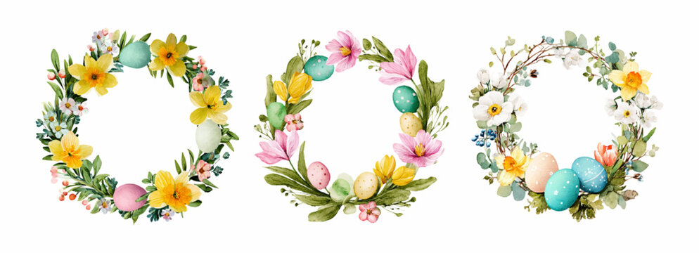 Watercolor spring wreath with Easter eggs and flowers. Floral frame design with botanical elements, perfect for greeting cards and festive decorations. Vector illustration.