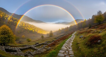 Vibrant Rainbow Arches Over a Misty Mountain Valley with a Stone Path.
