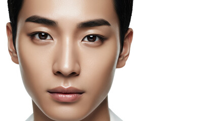 Young man, early 20s, flawless skin, subtle smoky eye makeup, groomed eyebrows, glossy nude lips, close-up half-face in bright white studio with copy space. Concept for cosmetic advertising