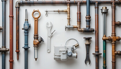 Assortment of rusty and clean metal pipes and wrenches on white background tools plumbing