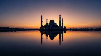 Naklejka premium Majestic Mosque Silhouette at Sunset - A Serene Reflection on the Water.