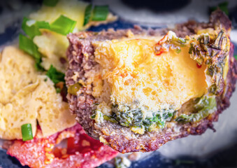 Fresh baked meat with cheese and tomatoes