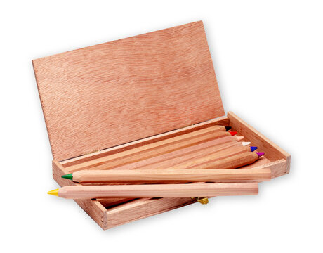 Colored pencils in a wooden box