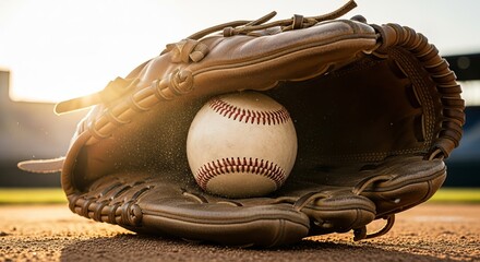 Close-up of a baseball in a leather glove on a dirt field, perfect for sports company logos, branding, and advertising