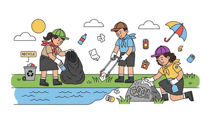 Three children in scout uniforms cleaning up trash by a river with a recycling bin
