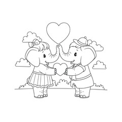 Cute Elephant Couple Holding Hearts Coloring Page for Kids, Romantic Animal Illustration