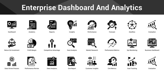 Enterprise Dashboard And Analytics Cohesive set of minimalist vector icons representing key ideas with visual clarity