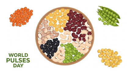 Variety of colorful beans and peas in a bowl for world pulses day celebration