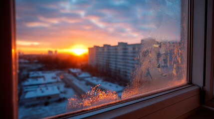 Obraz premium Frosty window at sunset overlooking city, cold weather visualization, urban skyline display, winter evening concept, apartment view representation, cozy indoor aesthetic, with copy