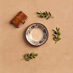 ceramic plate leather journal and olive branches