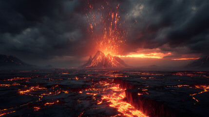 噴火する火山と溶岩の風景